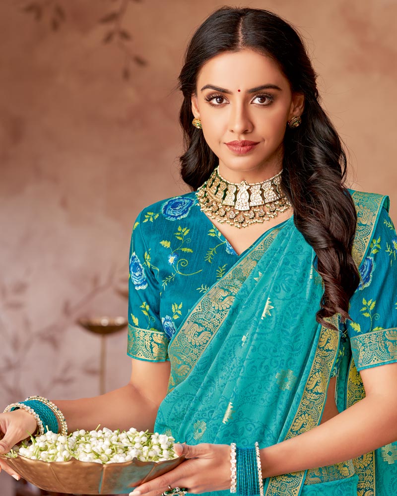 Vishal Prints Persian Green Printed Georgette Saree With Foil Print And Zari Border