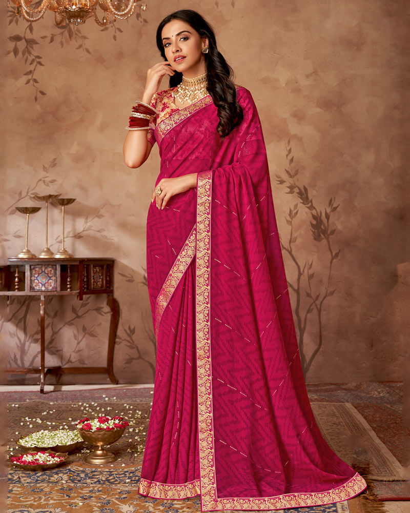 Vishal Prints Purple Red Printed Georgette Saree With Foil Print And Zari Border