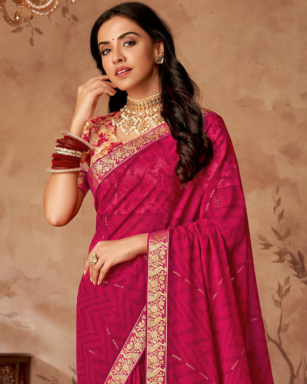 Vishal Prints Purple Red Printed Georgette Saree With Foil Print And Zari Border