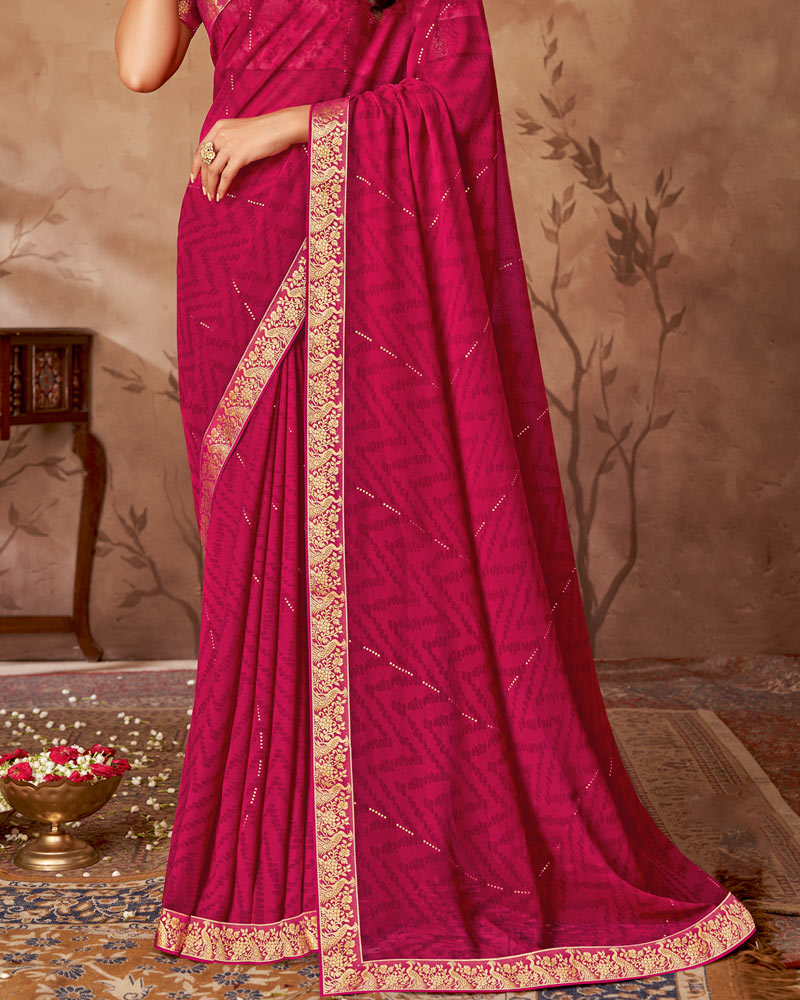 Vishal Prints Purple Red Printed Georgette Saree With Foil Print And Zari Border