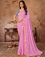 Vishal Prints Cadillac Pink Printed Georgette Saree With Foil Print And Zari Border