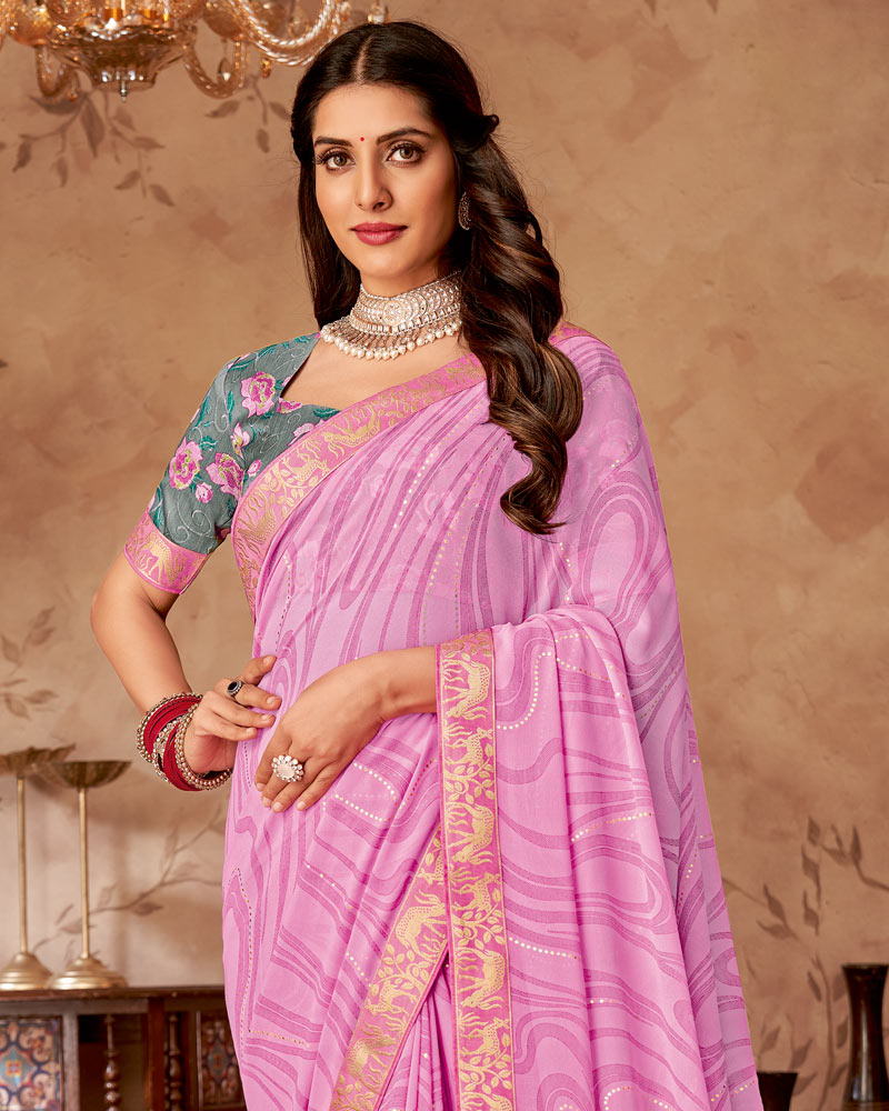 Vishal Prints Cadillac Pink Printed Georgette Saree With Foil Print And Zari Border