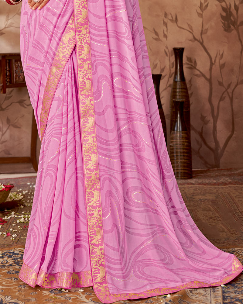 Vishal Prints Cadillac Pink Printed Georgette Saree With Foil Print And Zari Border