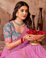 Vishal Prints Cadillac Pink Printed Georgette Saree With Foil Print And Zari Border