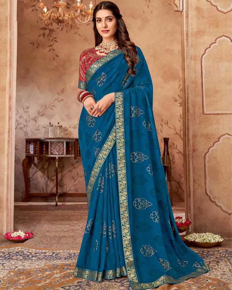 Vishal Prints Deep Sea Blue Printed Georgette Saree With Foil Print And Zari Border
