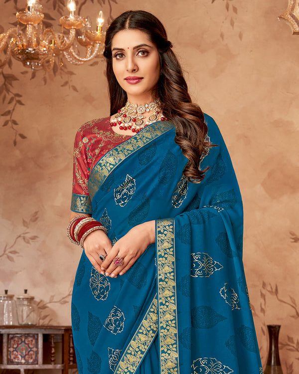 Vishal Prints Deep Sea Blue Printed Georgette Saree With Foil Print And Zari Border