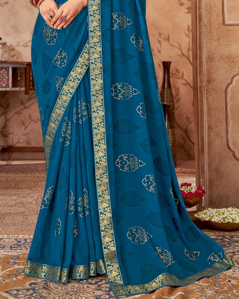 Vishal Prints Deep Sea Blue Printed Georgette Saree With Foil Print And Zari Border