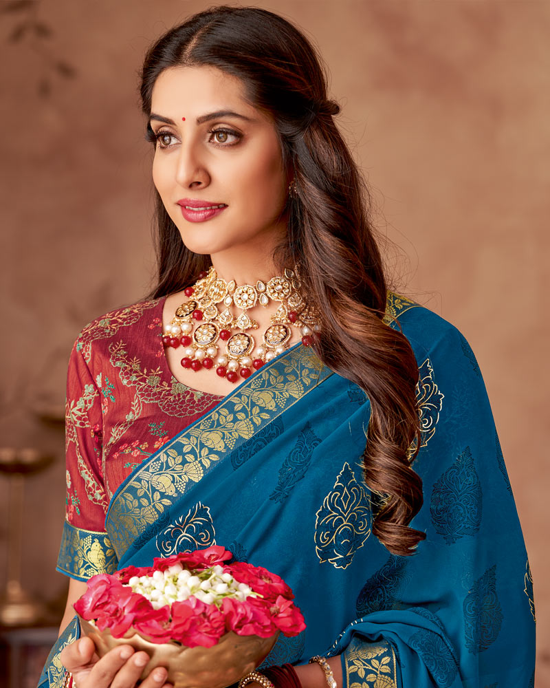 Vishal Prints Deep Sea Blue Printed Georgette Saree With Foil Print And Zari Border