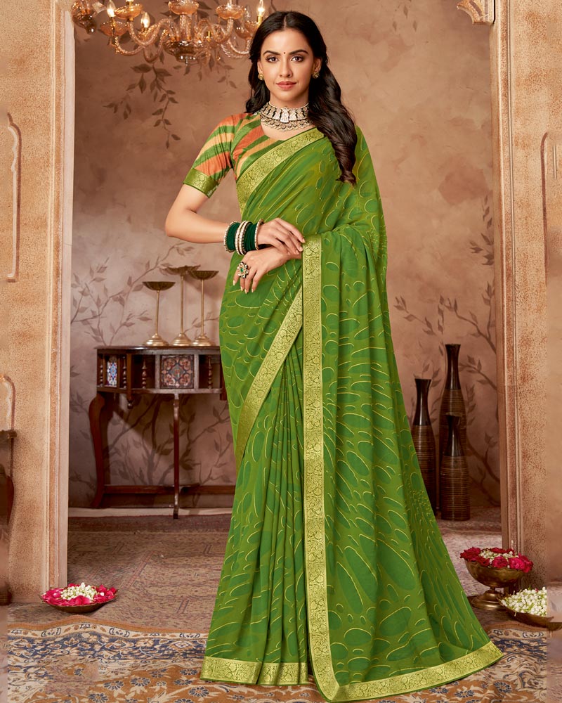Vishal Prints Forest Green Printed Georgette Saree With Foil Print And Zari Border