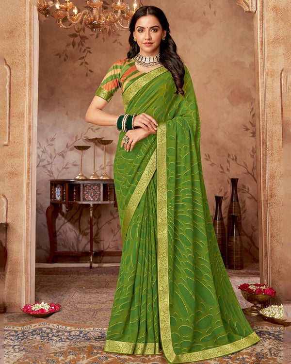 Vishal Prints Forest Green Printed Georgette Saree With Foil Print And Zari Border