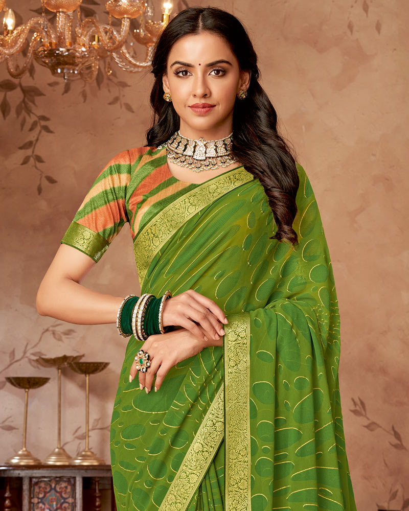 Vishal Prints Forest Green Printed Georgette Saree With Foil Print And Zari Border