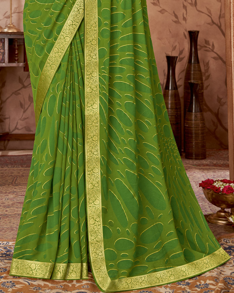 Vishal Prints Forest Green Printed Georgette Saree With Foil Print And Zari Border