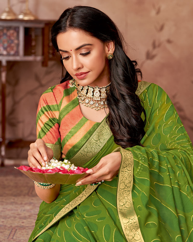 Vishal Prints Forest Green Printed Georgette Saree With Foil Print And Zari Border