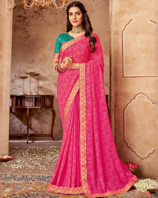 Vishal Prints Raspberry Pink Printed Georgette Saree With Foil Print And Zari Border