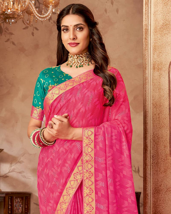 Vishal Prints Raspberry Pink Printed Georgette Saree With Foil Print And Zari Border
