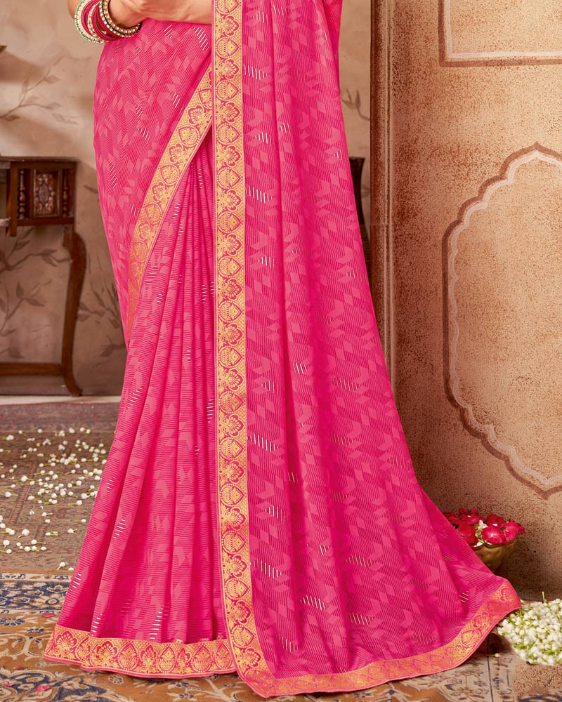 Vishal Prints Raspberry Pink Printed Georgette Saree With Foil Print And Zari Border