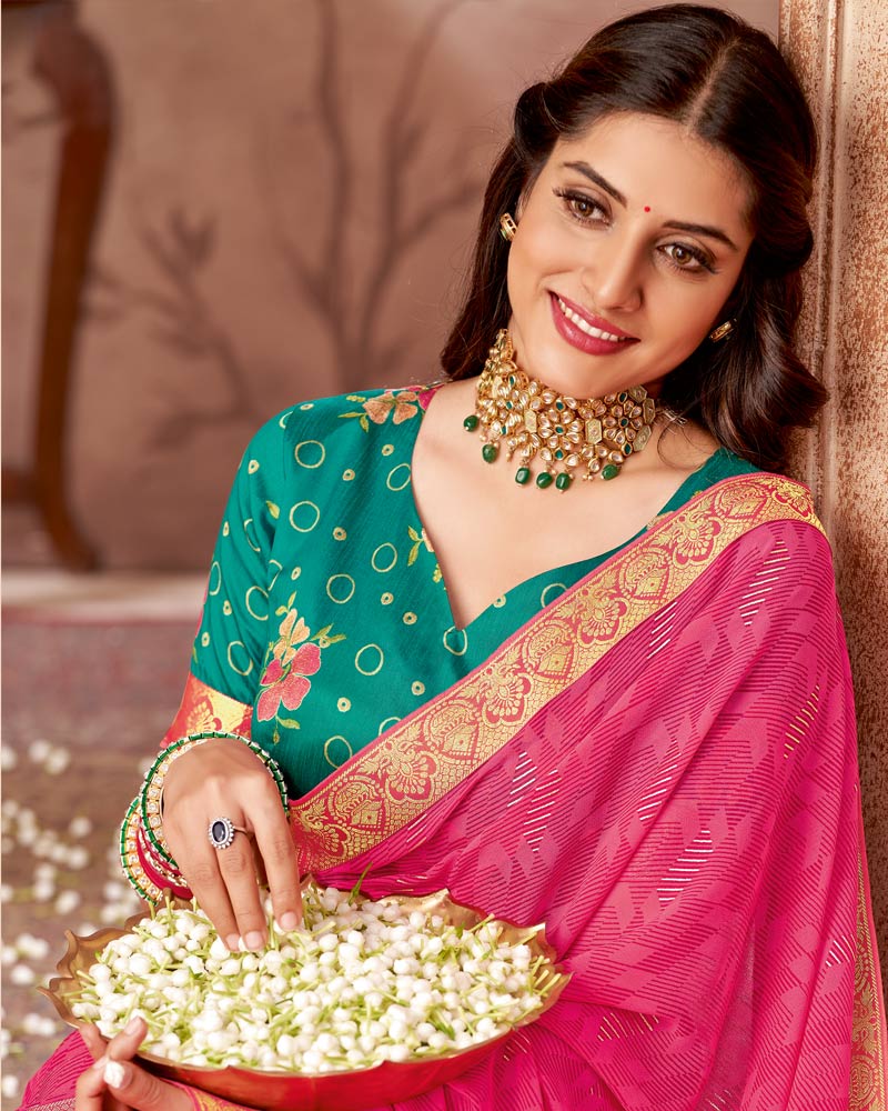 Vishal Prints Raspberry Pink Printed Georgette Saree With Foil Print And Zari Border