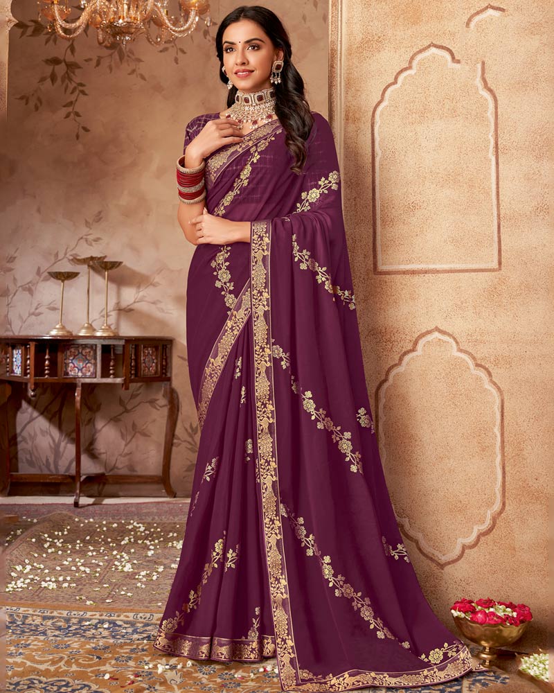 Vishal Prints Deep Wine Printed Georgette Saree With Foil Print And Zari Border