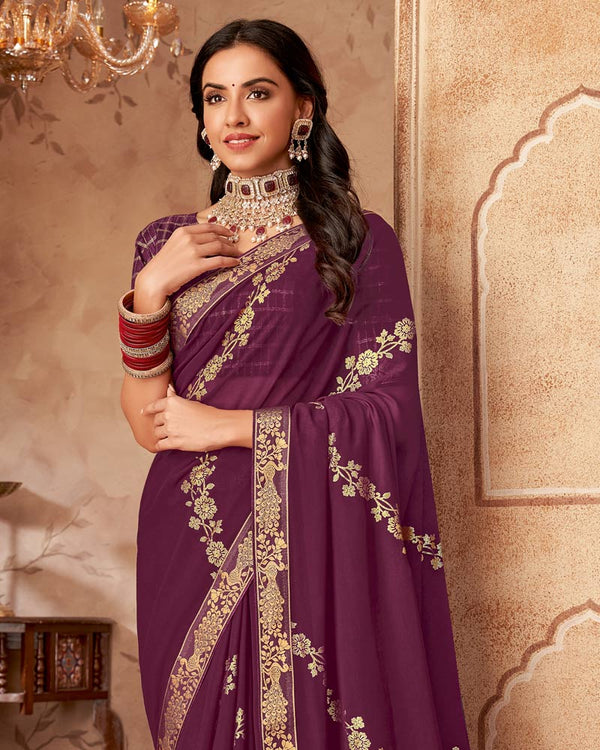 Vishal Prints Deep Wine Printed Georgette Saree With Foil Print And Zari Border