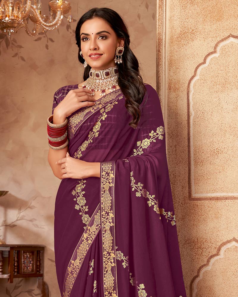Vishal Prints Deep Wine Printed Georgette Saree With Foil Print And Zari Border