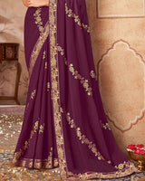 Vishal Prints Deep Wine Printed Georgette Saree With Foil Print And Zari Border