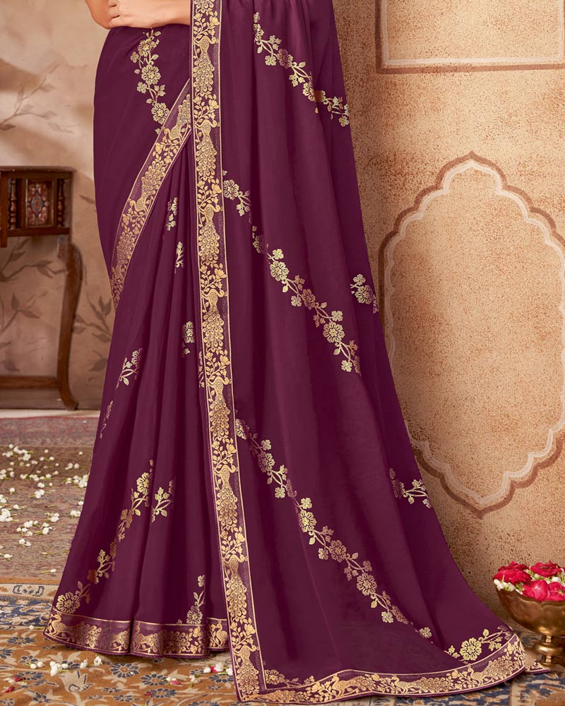 Vishal Prints Deep Wine Printed Georgette Saree With Foil Print And Zari Border