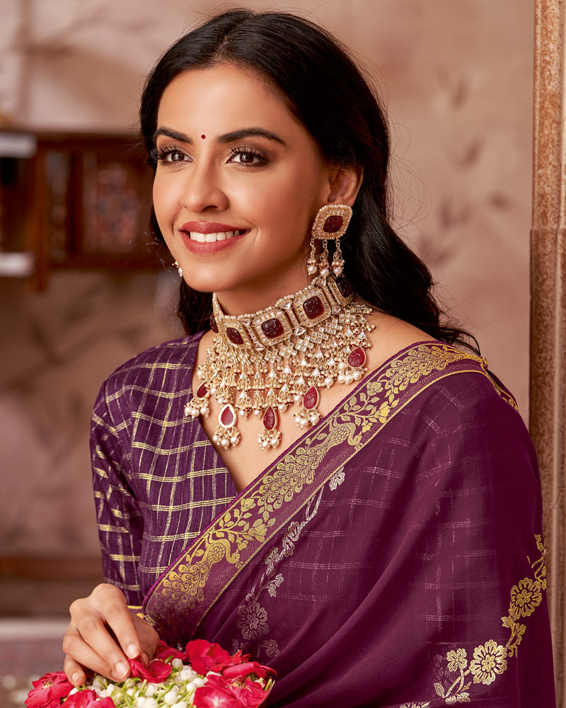 Vishal Prints Deep Wine Printed Georgette Saree With Foil Print And Zari Border