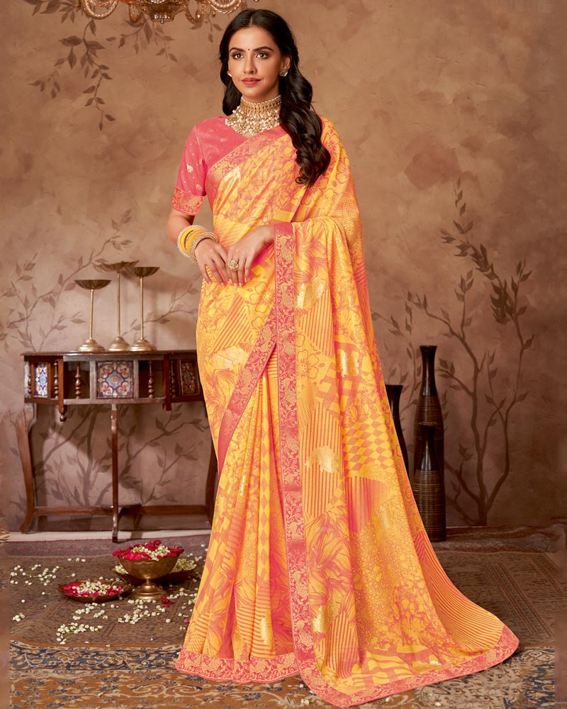 Vishal Prints Yellowish Orange Printed Georgette Saree With Foil Print And Zari Border