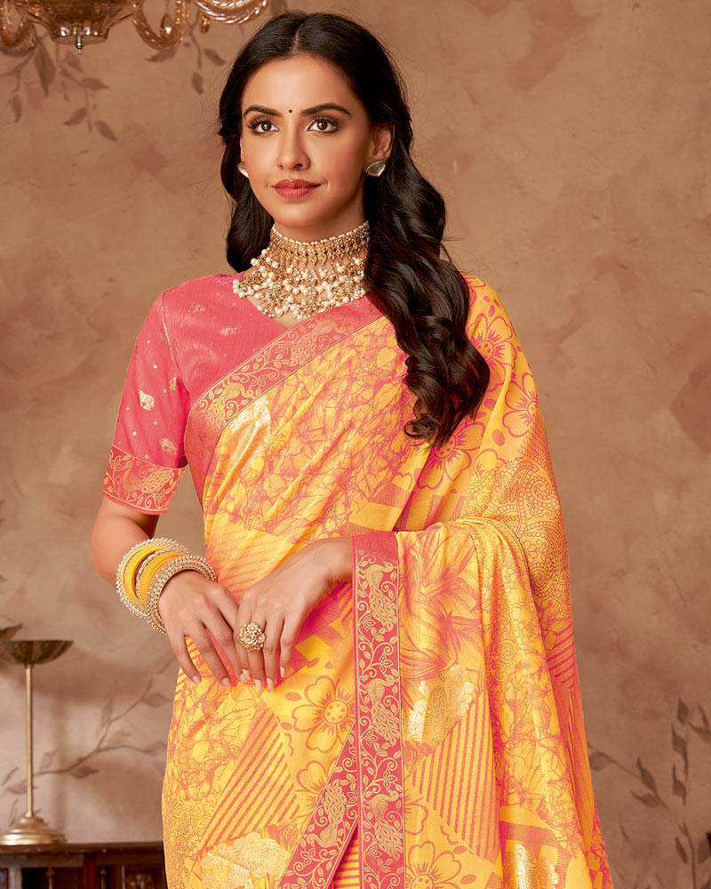 Vishal Prints Yellowish Orange Printed Georgette Saree With Foil Print And Zari Border