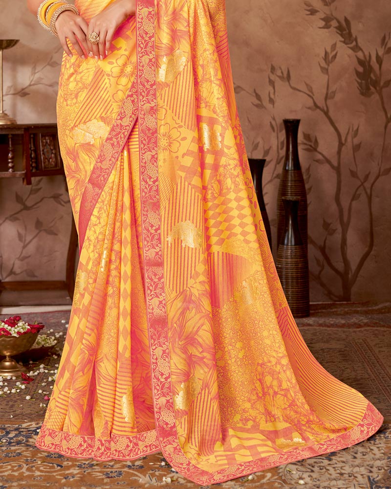 Vishal Prints Yellowish Orange Printed Georgette Saree With Foil Print And Zari Border