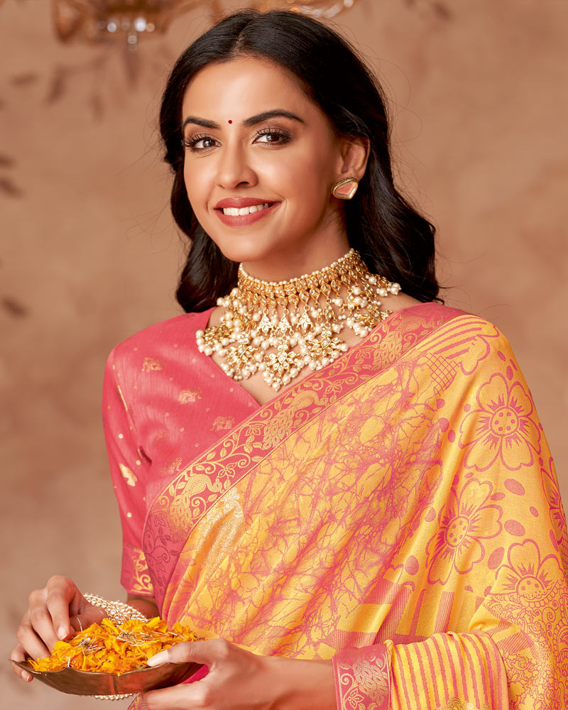 Vishal Prints Yellowish Orange Printed Georgette Saree With Foil Print And Zari Border