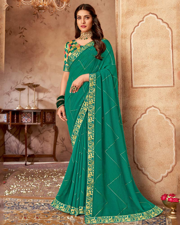 Vishal Prints Jade Green Printed Georgette Saree With Foil Print And Zari Border