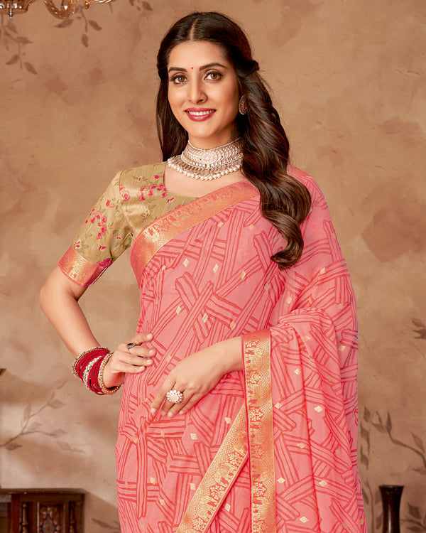 Vishal Prints Coral Pink Printed Georgette Saree With Foil Print And Zari Border