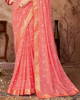 Vishal Prints Coral Pink Printed Georgette Saree With Foil Print And Zari Border
