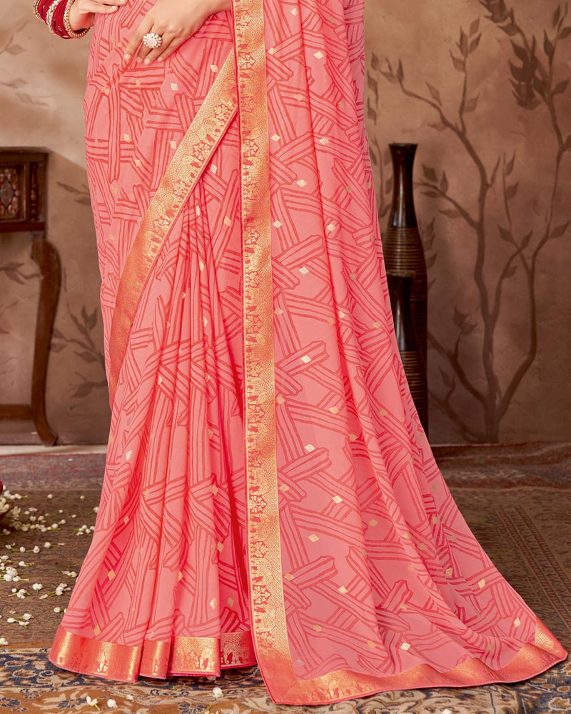 Vishal Prints Coral Pink Printed Georgette Saree With Foil Print And Zari Border