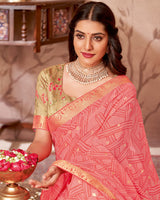 Vishal Prints Coral Pink Printed Georgette Saree With Foil Print And Zari Border