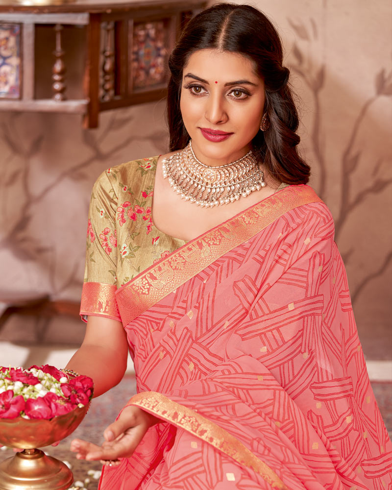Vishal Prints Coral Pink Printed Georgette Saree With Foil Print And Zari Border