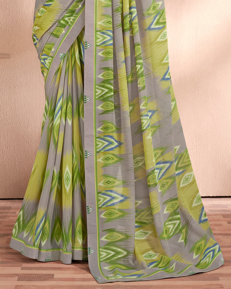 Vishal Prints Dusty Grey Printed Georgette Saree With Fancy Border