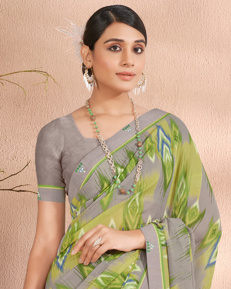 Vishal Prints Dusty Grey Printed Georgette Saree With Fancy Border