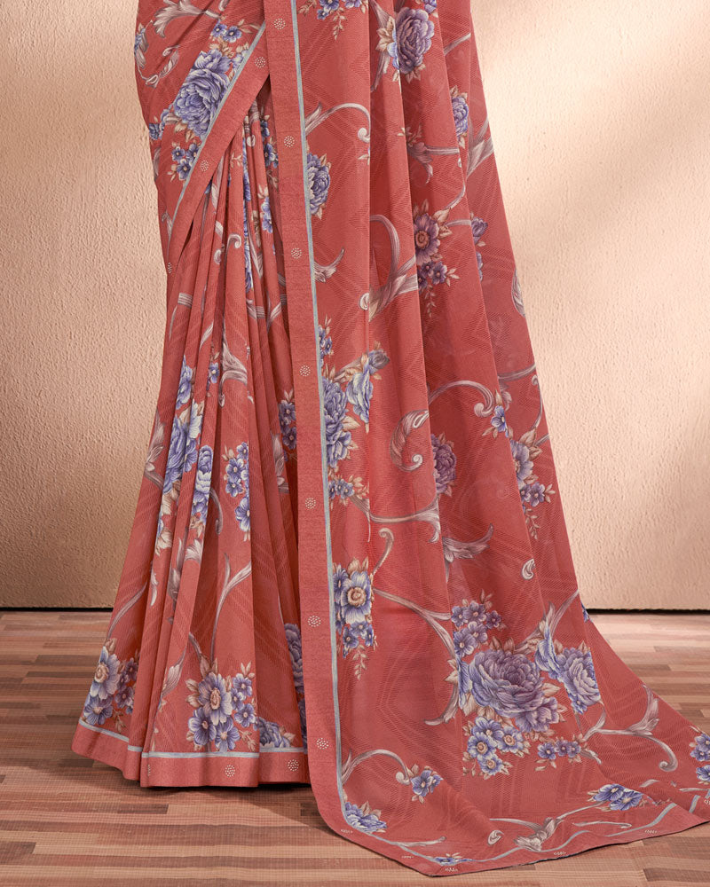 Vishal Prints Apple Blossom Red Printed Georgette Saree With Fancy Border