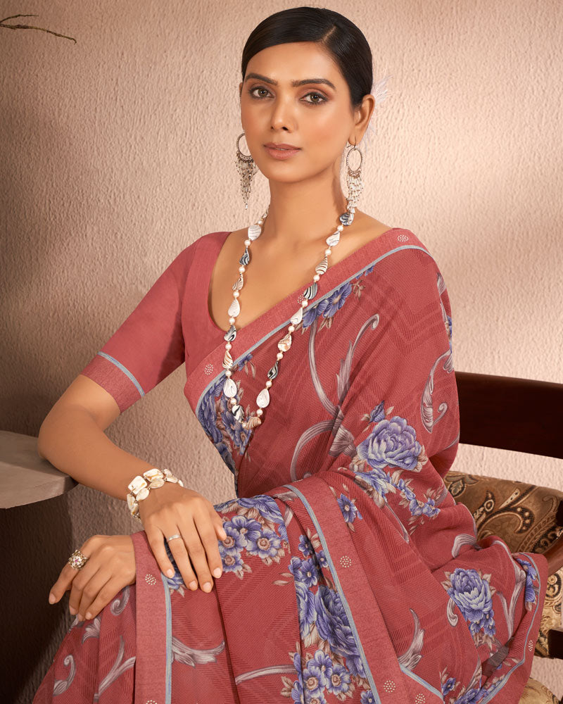 Vishal Prints Apple Blossom Red Printed Georgette Saree With Fancy Border