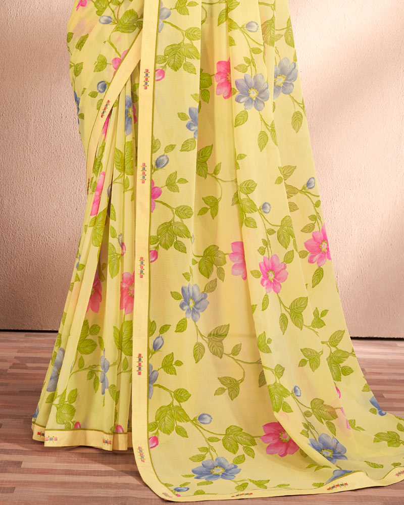 Vishal Prints Light Yellow Printed Georgette Saree With Fancy Border