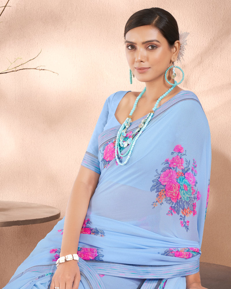Vishal Prints Baby Blue Printed Georgette Saree With Fancy Border