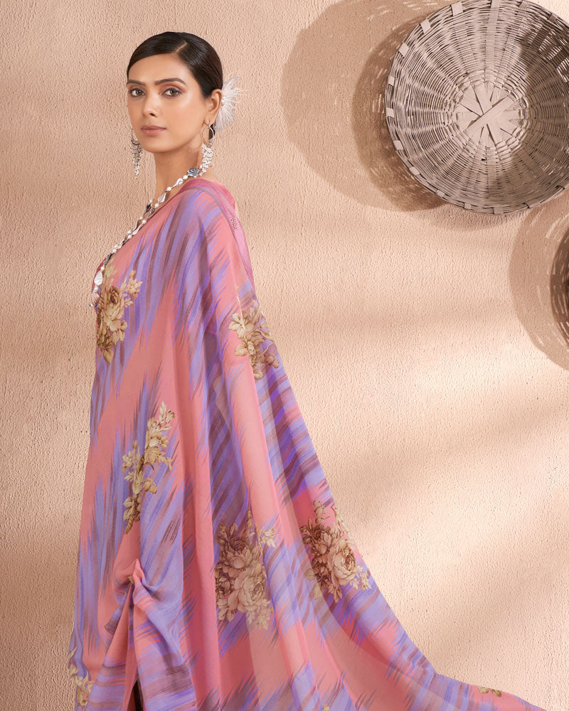 Vishal Prints Sea Pink Printed Georgette Saree With Fancy Border