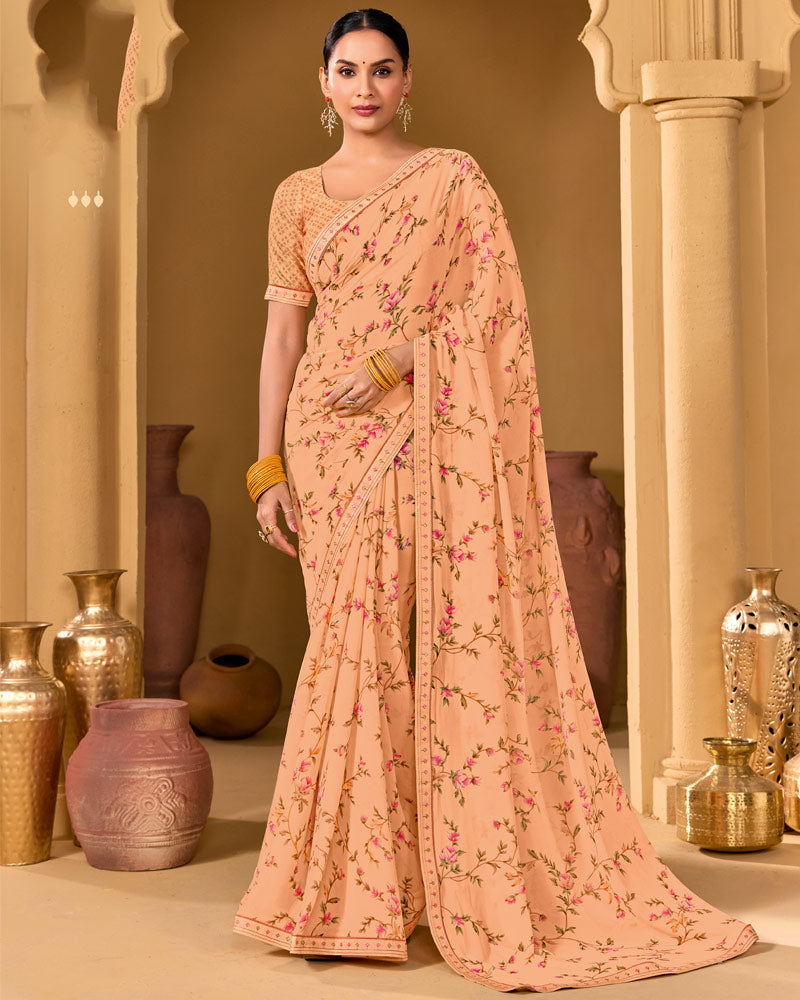 Vishal Prints Light Salmon Orange Weightless Georgette Printed Saree With Fancy Embroidery Border
