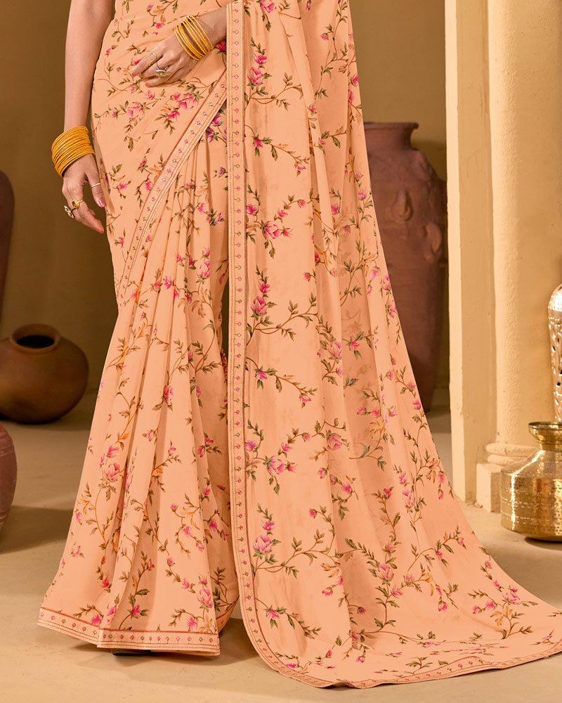 Vishal Prints Light Salmon Orange Weightless Georgette Printed Saree With Fancy Embroidery Border