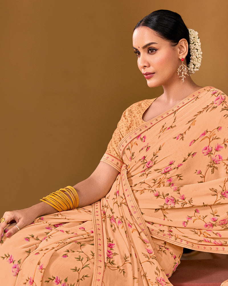 Vishal Prints Light Salmon Orange Weightless Georgette Printed Saree With Fancy Embroidery Border