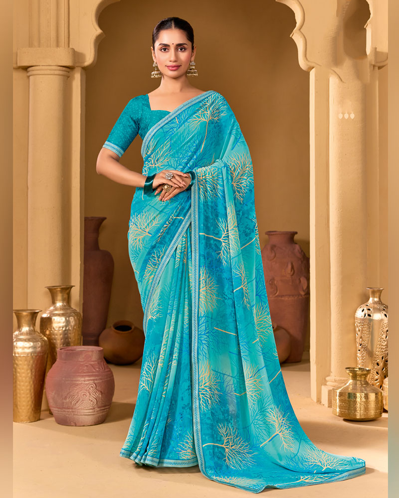 Vishal Prints Fountain Blue Weightless Georgette Printed Saree With Fancy Embroidery Border