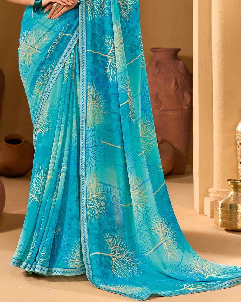 Vishal Prints Fountain Blue Weightless Georgette Printed Saree With Fancy Embroidery Border