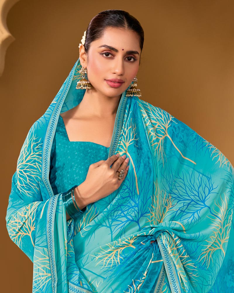 Vishal Prints Fountain Blue Weightless Georgette Printed Saree With Fancy Embroidery Border
